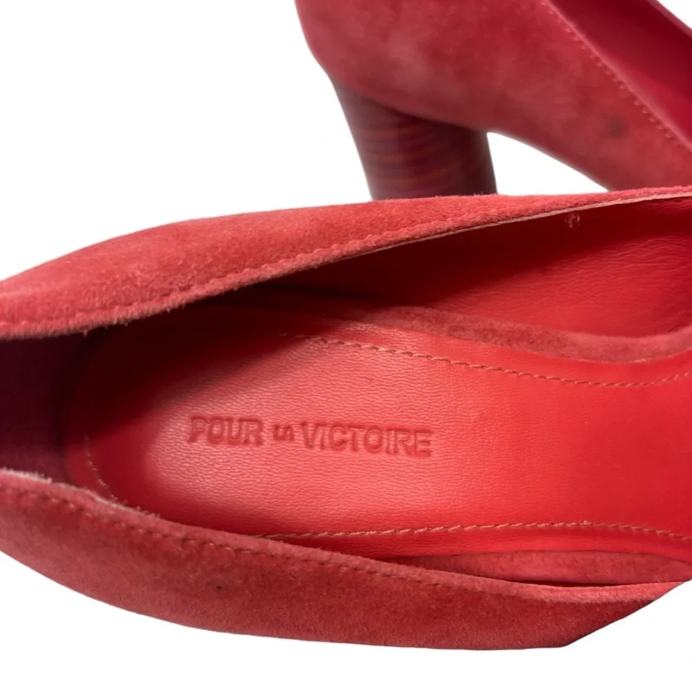 POUR LA VICTOIRE Coral Pink Suede Heels Pumps Wood‎ Cylindrical Heel Size 8 - Picture 8 of 9